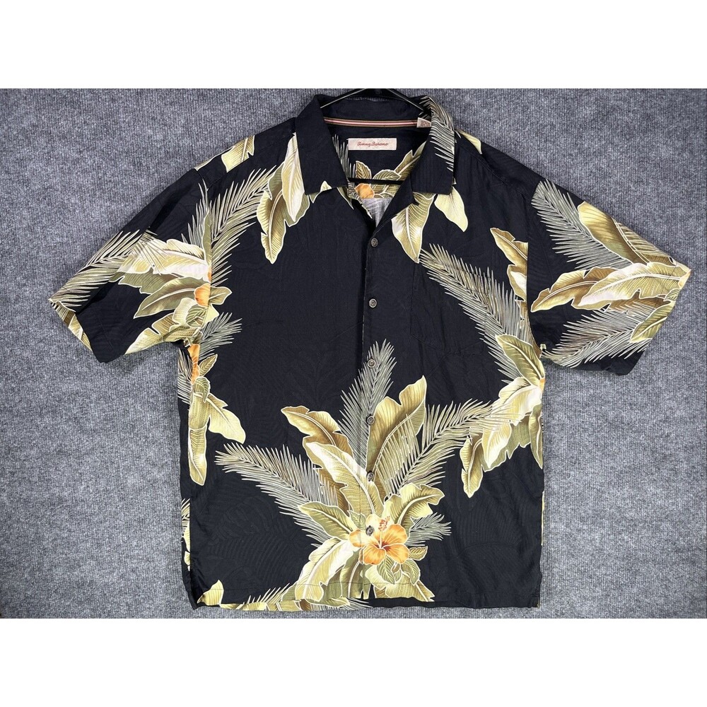 Tommy Bahama 100% Silk Hawaiian Shirt Large Black Floral Camp Shirt